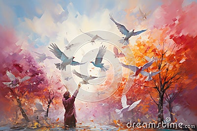 White dove flying to the sky, peace, pacifism and consciousness, purity and postive emotion, love and freedom, holy spirit, pigeon Stock Photo