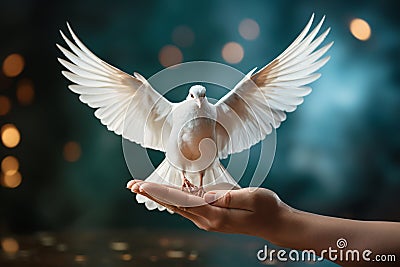 White dove flying to the sky, peace, pacifism and consciousness, purity and postive emotion, love and freedom, holy spirit, pigeon Stock Photo