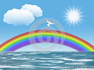 White dove flying to sun with olive leaf rainbow clouds christian symbol of peace and holy spirit Stock Photo