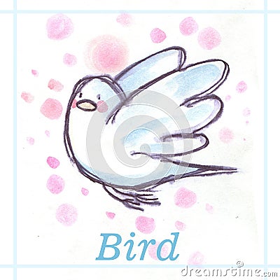 White dove flying, watercolor illustration with name Cartoon Illustration