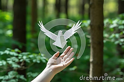 White dove in the hands of a girl in the forest. The concept of peace and freedom. Stock Photo