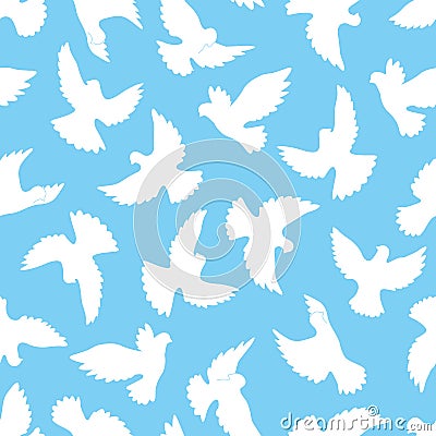 White doves seamless pattern on a blue background. Vector Illustration