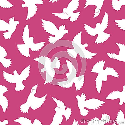 White doves seamless pattern on a violet background. Vector Illustration