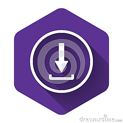 White Download icon isolated with long shadow. Upload button. Load symbol. Arrow point to down. Purple hexagon button Vector Illustration