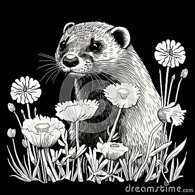 Feisty Ferret In The Flower: Detailed Landscape Illustration Cartoon Illustration