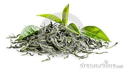 On white, dried green tea leaves Stock Photo