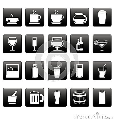 White drink icons on black squares Vector Illustration