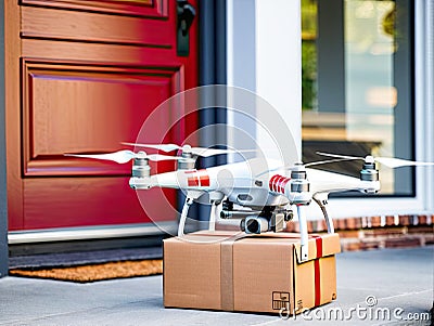 White drone delivering package Stock Photo