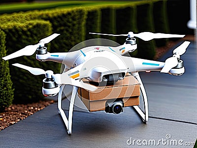 White drone landing with package and camera Stock Photo