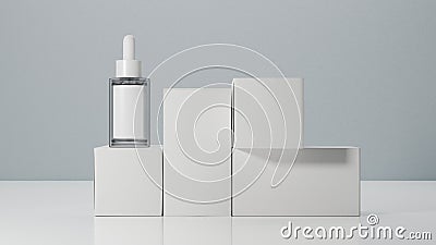 White dropper bottle with blank label on white podium Cartoon Illustration