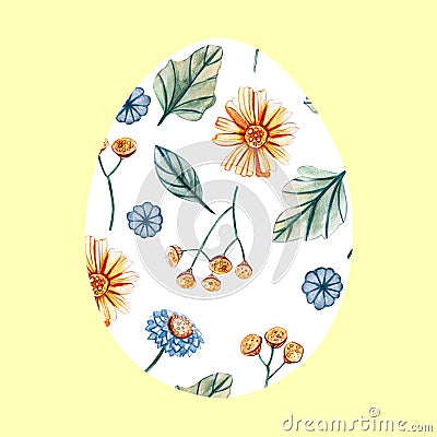 White Easter egg on a yellow background with a pattern of wild flowers Stock Photo