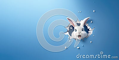 White Easter fluffy eared bunny peeking out of a hole in blue wall, rabbit jumping out torn hole, Easter concept, copy space Stock Photo