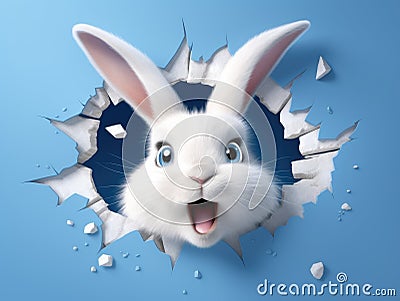 White Easter fluffy eared bunny peeking out of a hole in blue wall, rabbit jumping out torn hole, Easter concept, copy space Stock Photo