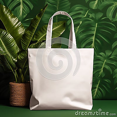 a white eco bag mockup set against a vibrant green backdrop Cartoon Illustration