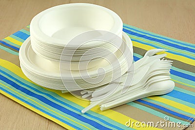 Eco-friendly disposable plates bowls and cultery Stock Photo