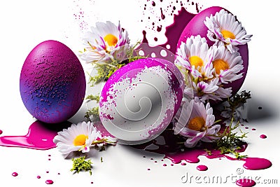 White eggs with flower with splash magenta paint, Stock Photo