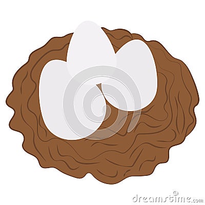 White eggs in the nest. Bird`s nest made of dry grass and brown branches. Color vector illustration. Hatching of chicks. Bird Vector Illustration