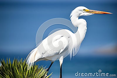 White Egret Oceanside. Generative AI Stock Photo