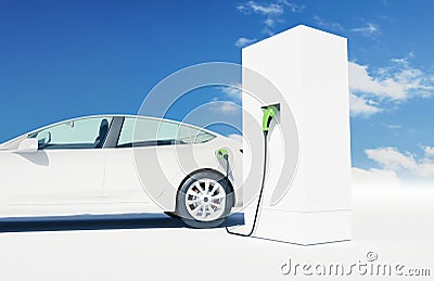 White electric car charges at a charging station, zero emissions, alternative transport, charging infrastructure Stock Photo