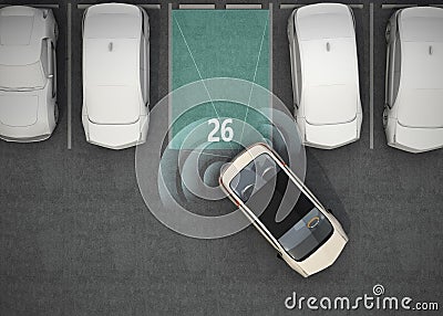 White electric car driving into parking lot with parking assist system Stock Photo