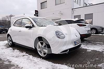 white electric car Ora Good Cat in winter parking lot, EV Great Wall Motors, technology and innovation in automotive industry, Editorial Stock Photo