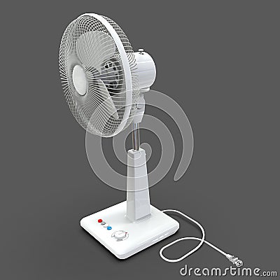 White electric fan. Three-dimensional model on a gray background. Fan with control buttons on the stand. A simple device for air Cartoon Illustration