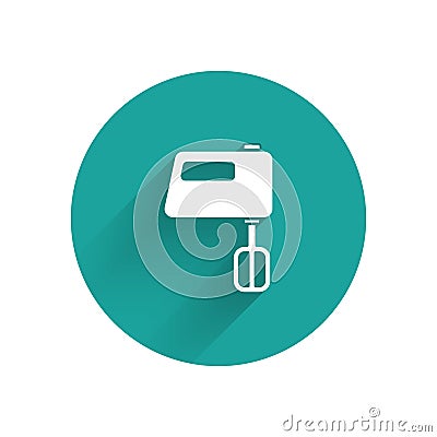 White Electric mixer icon isolated with long shadow. Kitchen blender. Green circle button. Vector Vector Illustration