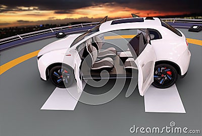 White electric SUV parking on the helipad Stock Photo