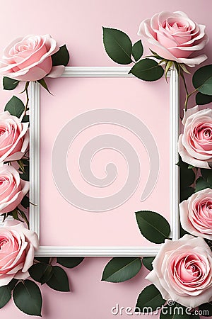 White elegant frame for photo and inscription decorated with pink roses Stock Photo