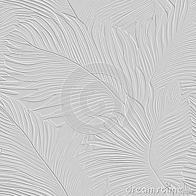 White embossed tropical leafy 3d pattern. Tropic leaves relief background. Textured grunge backdrop. Surface emboss leaves. 3d Vector Illustration