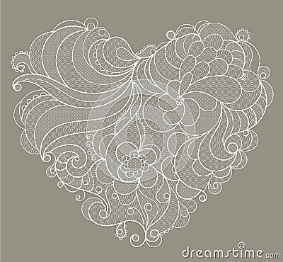 White embroidered lace heart with floral swirls Vector Illustration