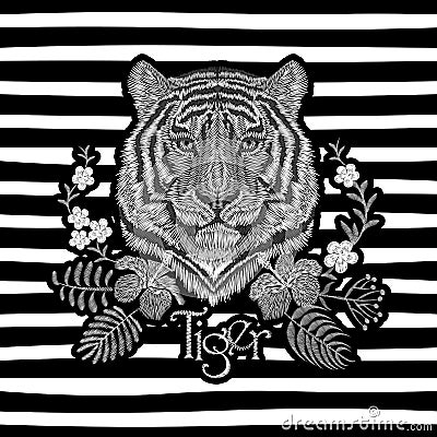 White embroidery realistic texture tiger face patch. Fashion floral print textile decoration design with inscription Vector Illustration