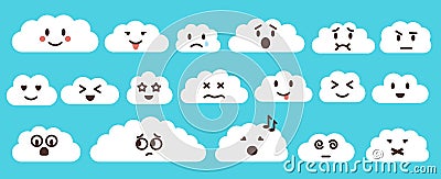 White emoji flat vector cloud set isolated on blue Vector Illustration