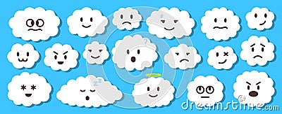 White emoji flat vector cloud set isolated on blue Vector Illustration