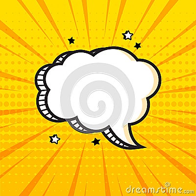 White empty comic speech bubble with halftone dots shadow and stars on yellow background in pop art style. Vector Cartoon Illustration