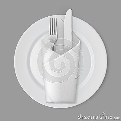 White Empty Flat Round Plate Silver Fork Knife Envelope Napkin Vector Illustration