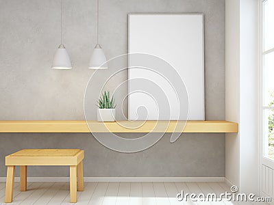 White empty frame mock up on yellow wooden table with concrete wall background, Chair and desk near door in bright room Stock Photo