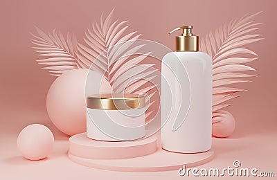 a white empty skin care bottle and a jar of cream. Abstract soft pink background with palm leaves. Stock Photo