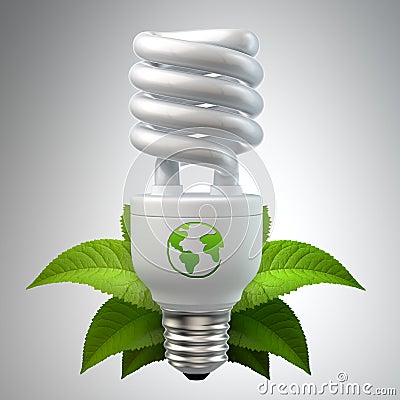 White energy saving light bulb with leafs on white Stock Photo