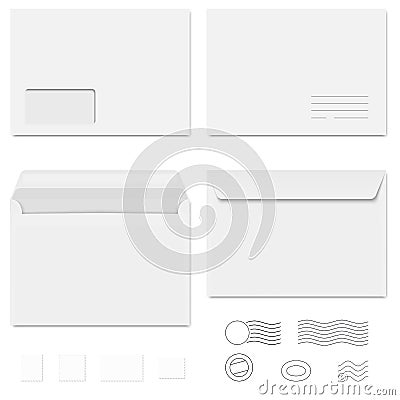 White Envelopes / Writing Paper / Postage Stamps Vector Illustration