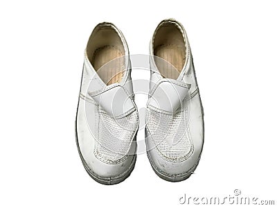 White esd shoes that have been used Dirty joint, white background, isolated Stock Photo