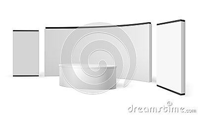 White exhibition stand. Blank trade show booth promotional display. Event panel vector 3d isolated template Vector Illustration