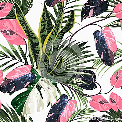 White exotic monstera, pink liana branches and many kinds of plant seamless pattern. Stock Photo
