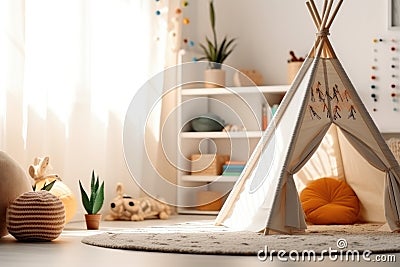 White fabric kids teepee and Native American decor in the interior of the children's room. AI generated Stock Photo