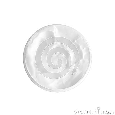 White face or body cream in open round jar on white background isolated close up top view, creamy texture circle pattern macro Stock Photo