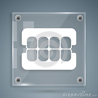 White False jaw icon isolated on grey background. Dental jaw or dentures, false teeth with incisors. Square glass panels Vector Illustration
