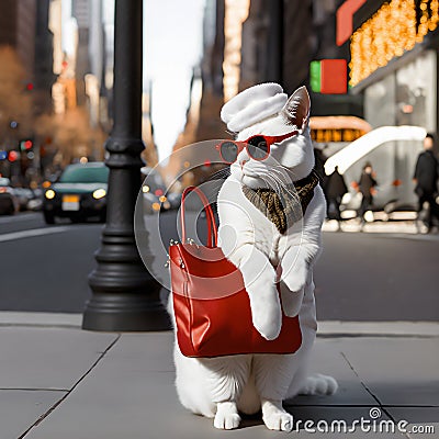 White fancy cat fashionista wearing brown scarf, white winter hat and sunglasses posing on the street Stock Photo