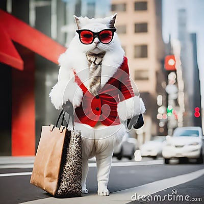 White fancy cat poses in a winter white sheep`s wool coat on the street Stock Photo