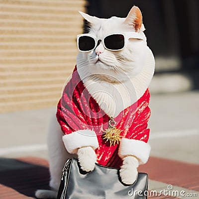 White fancy cat wearing christmas red sweater and sunglasses posing on the street Stock Photo
