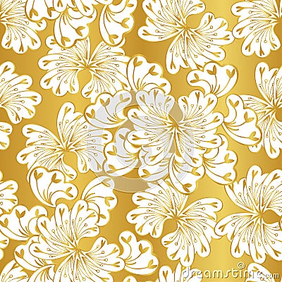 White fantasy flowers on a gold background Vector Illustration